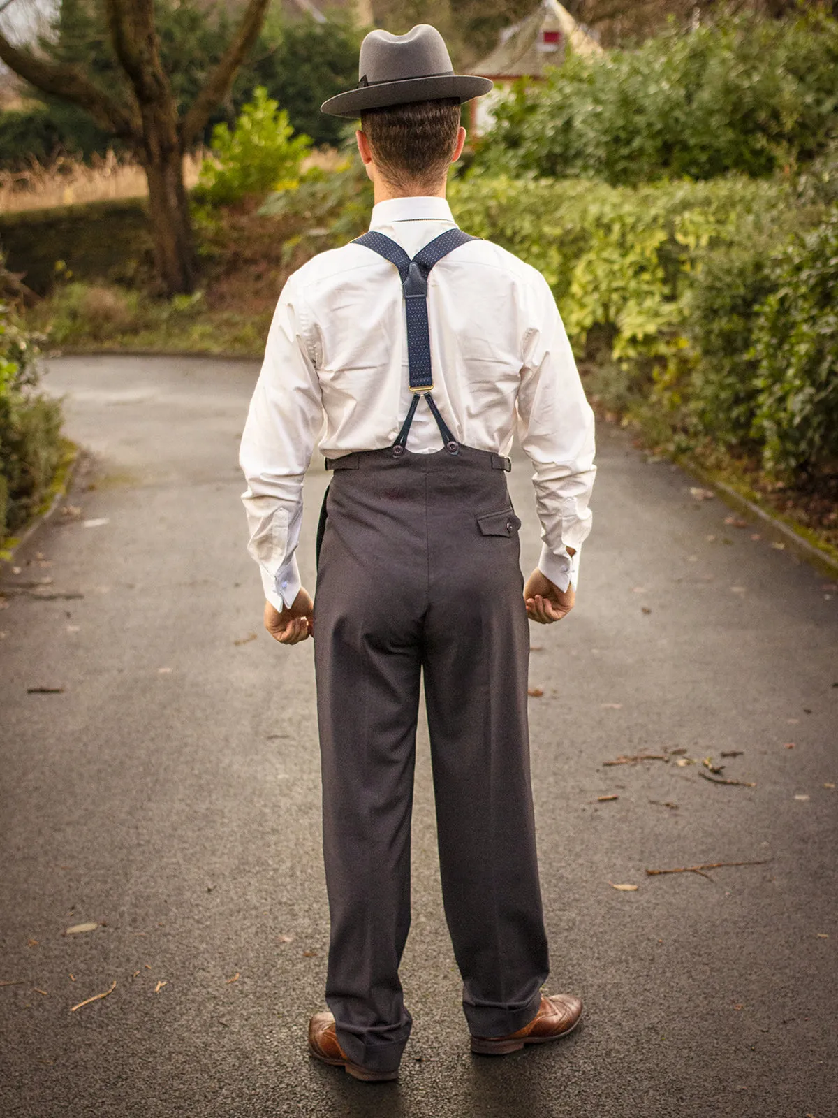 1940s Vintage Harry Fishtail Back Trousers in Slate Grey