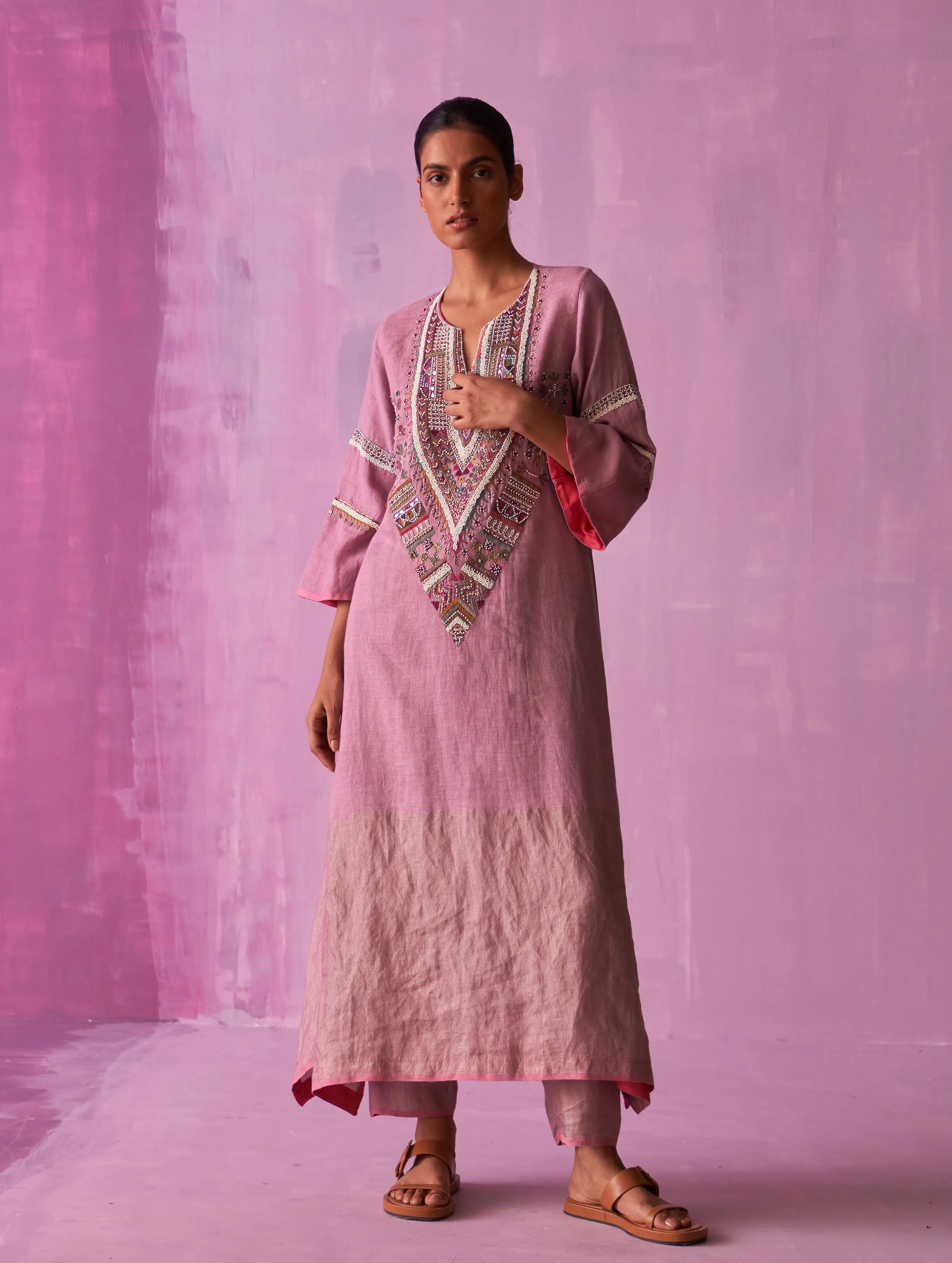 Afra Hand-Embroidered Kurta Set - Lavender