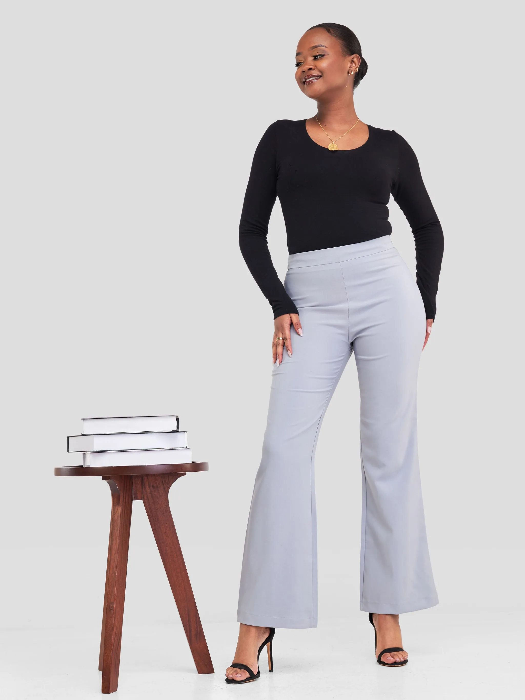 Anika Straight Leg Dress Pants With Zipper At Back- Light grey