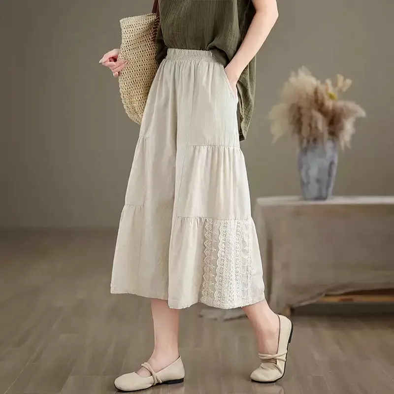 Babakud Women Linen Lace Wide Leg Pants