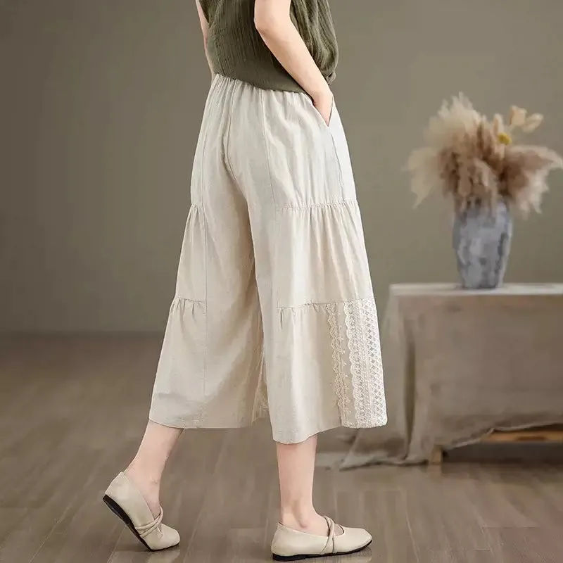 Babakud Women Linen Lace Wide Leg Pants