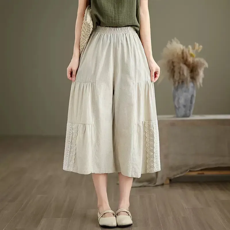 Babakud Women Linen Lace Wide Leg Pants