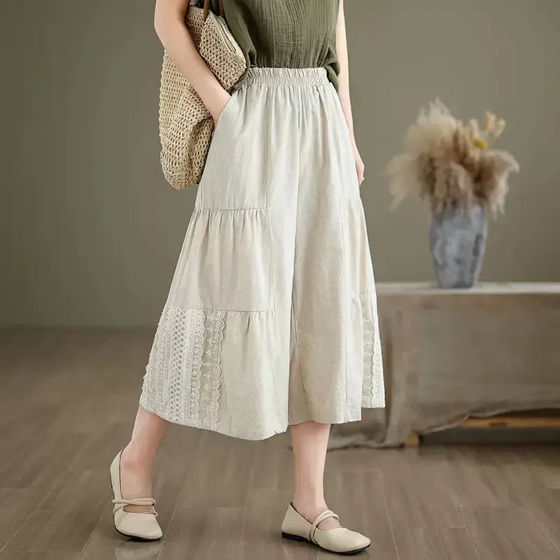 Babakud Women Linen Lace Wide Leg Pants