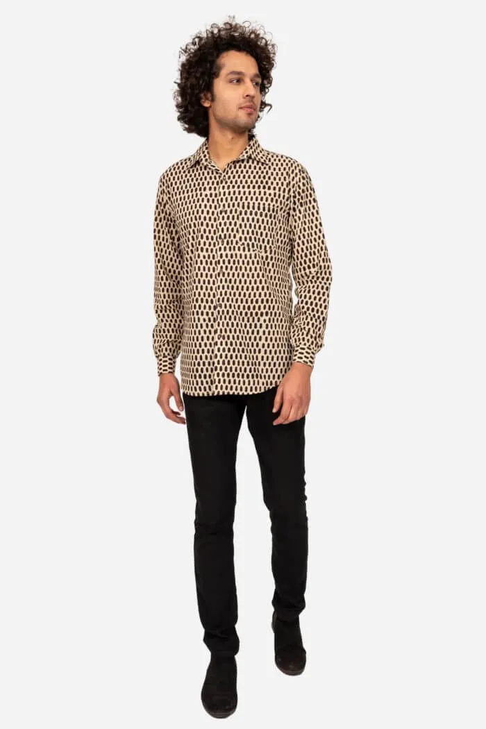 BEIGE AND BLACK BLOCK PRINTED COTTON SHIRT