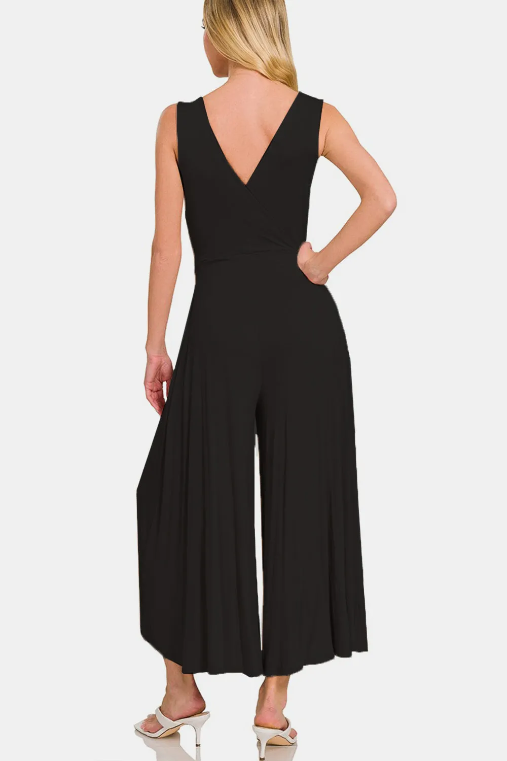 Black Surplice Neckline Sleeveless Jumpsuit