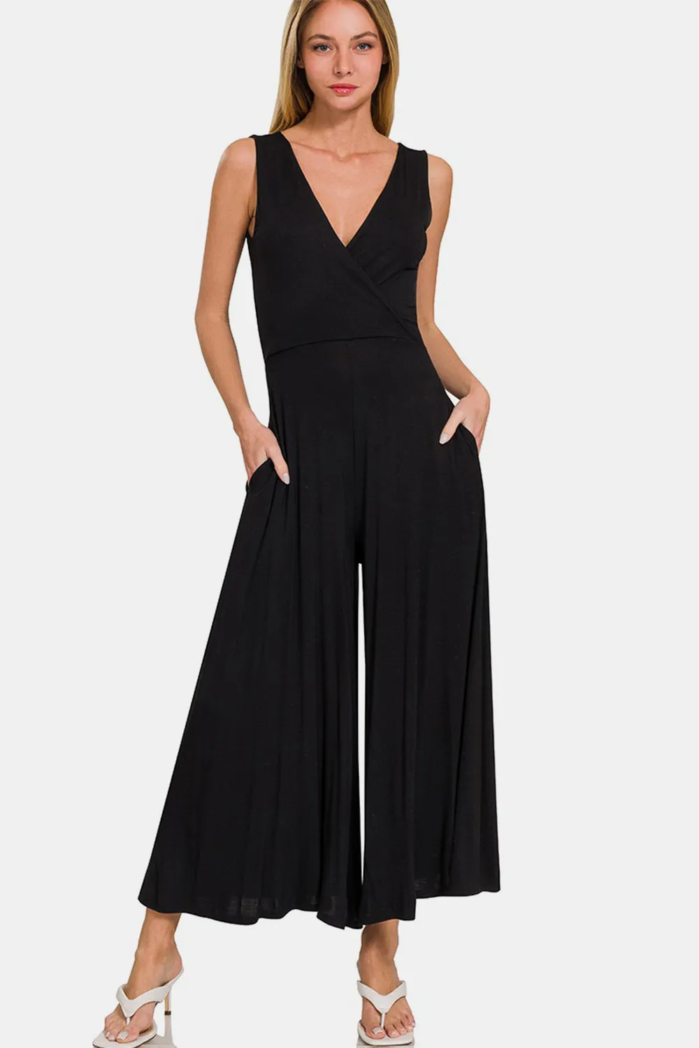 Black Surplice Neckline Sleeveless Jumpsuit