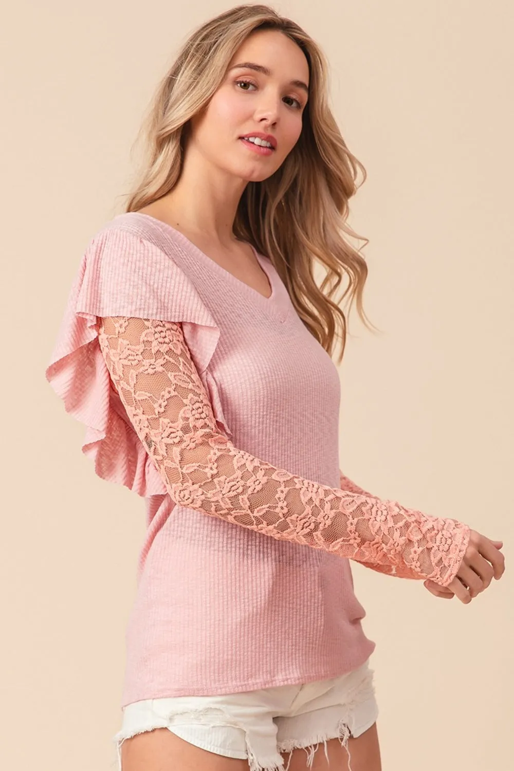 Blush Pink Ruffled Lace Sleeve Rib Knit Top