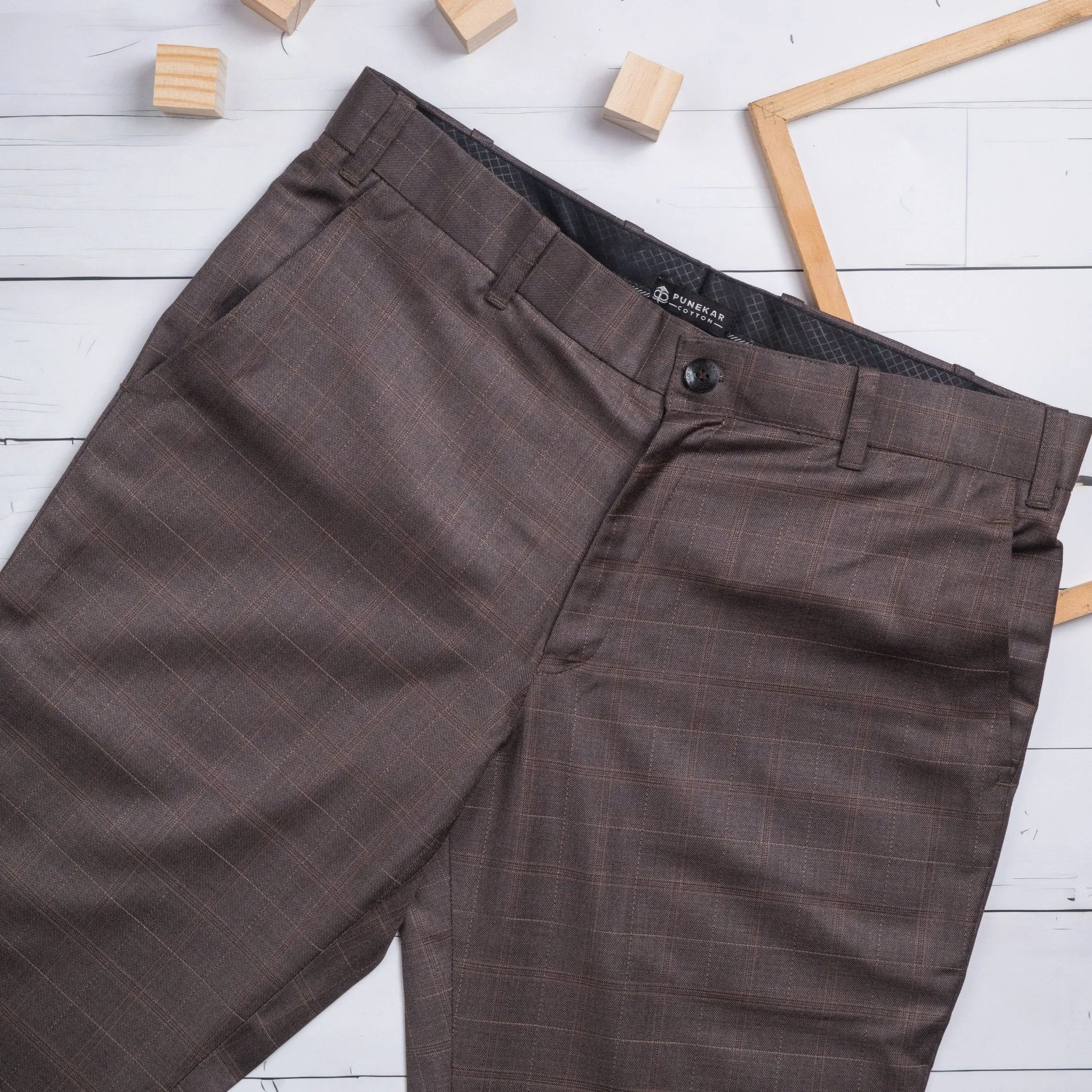 Brown color check blend cotton trousers pant for men