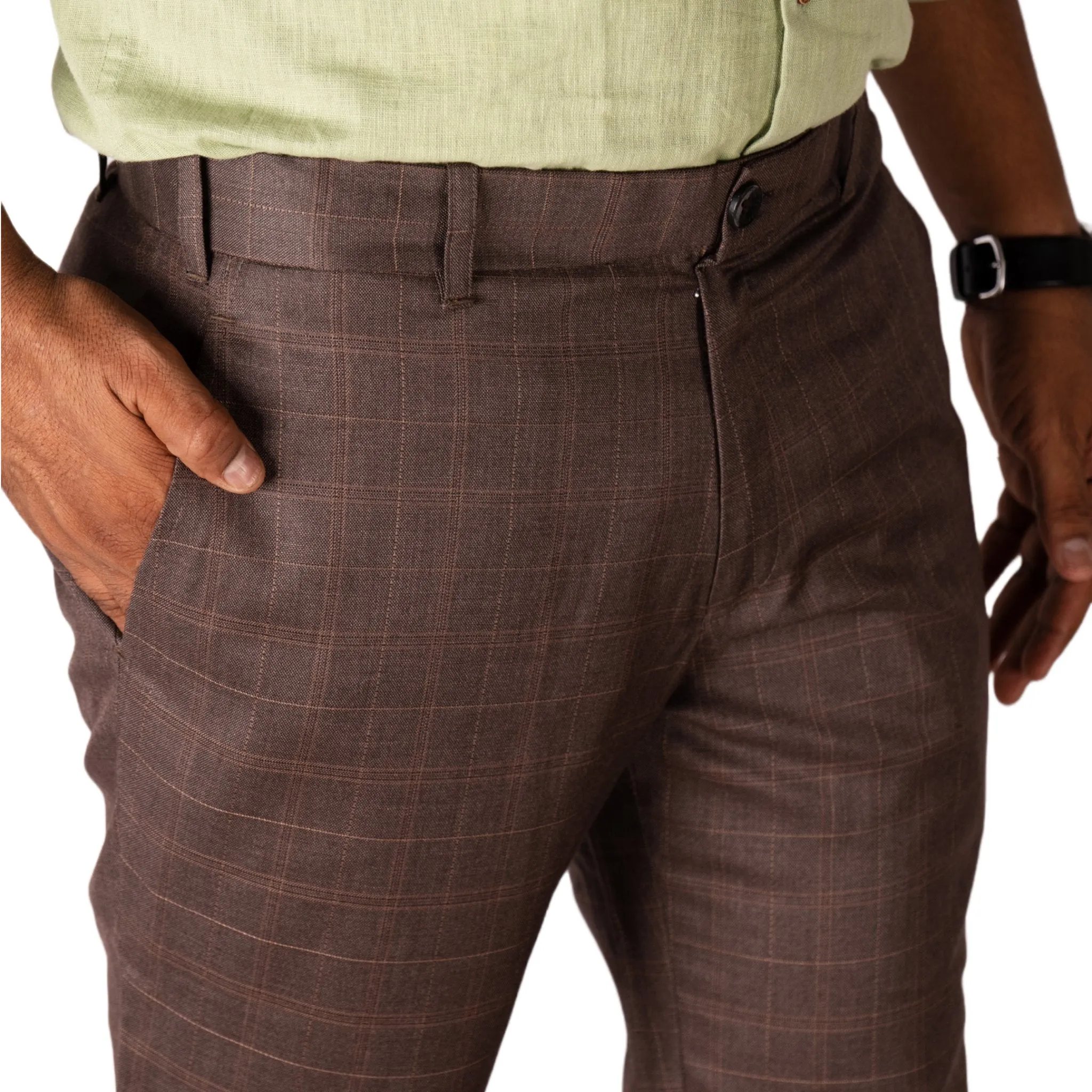 Brown color check blend cotton trousers pant for men