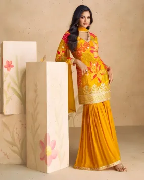 Chinon Silk Printed Floral Salwar  Suit Yellow