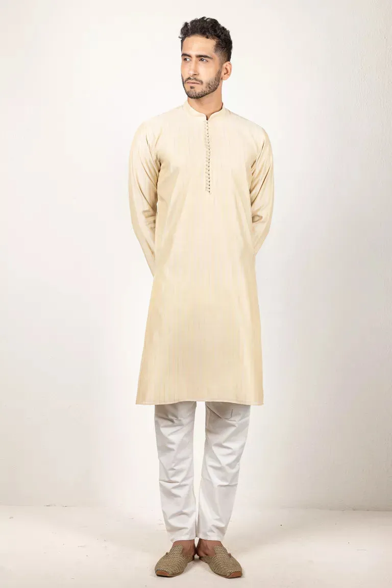 Cream-Colored Woven Striped Chanderi Kurta