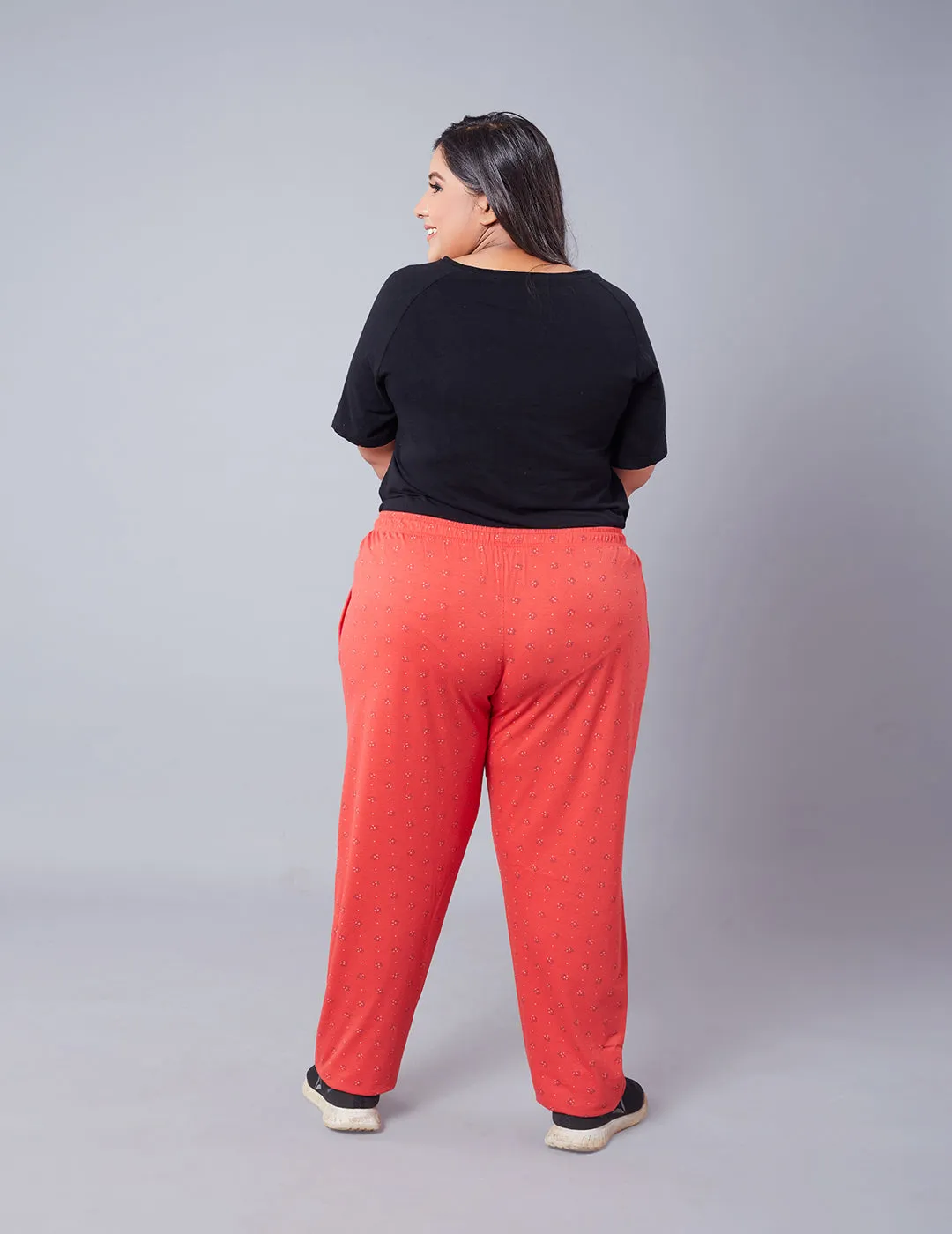 Cupid Plus Size Printed Cotton Night Pants Lowers For Women (Coral Orange)