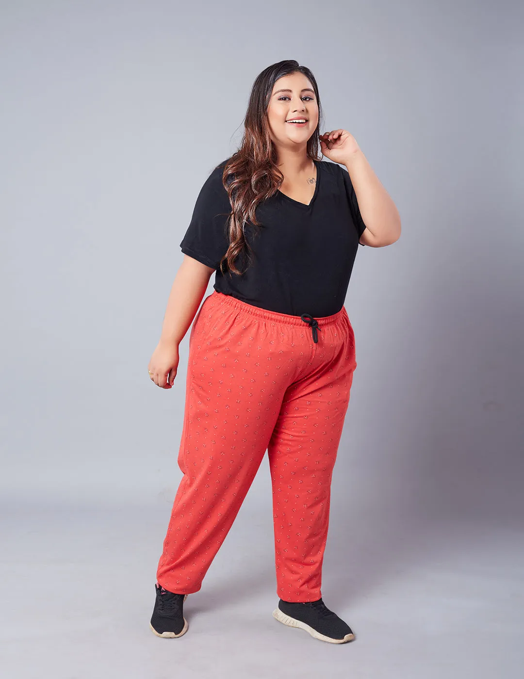 Cupid Plus Size Printed Cotton Night Pants Lowers For Women (Coral Orange)