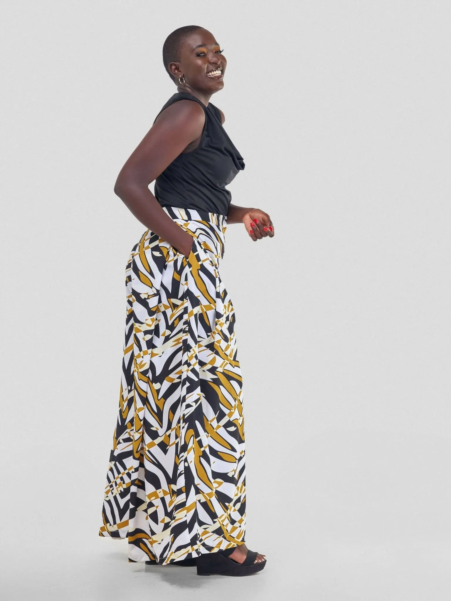 Curves BD Kipepeo Wide Leg Pants - Black / Mustard Print