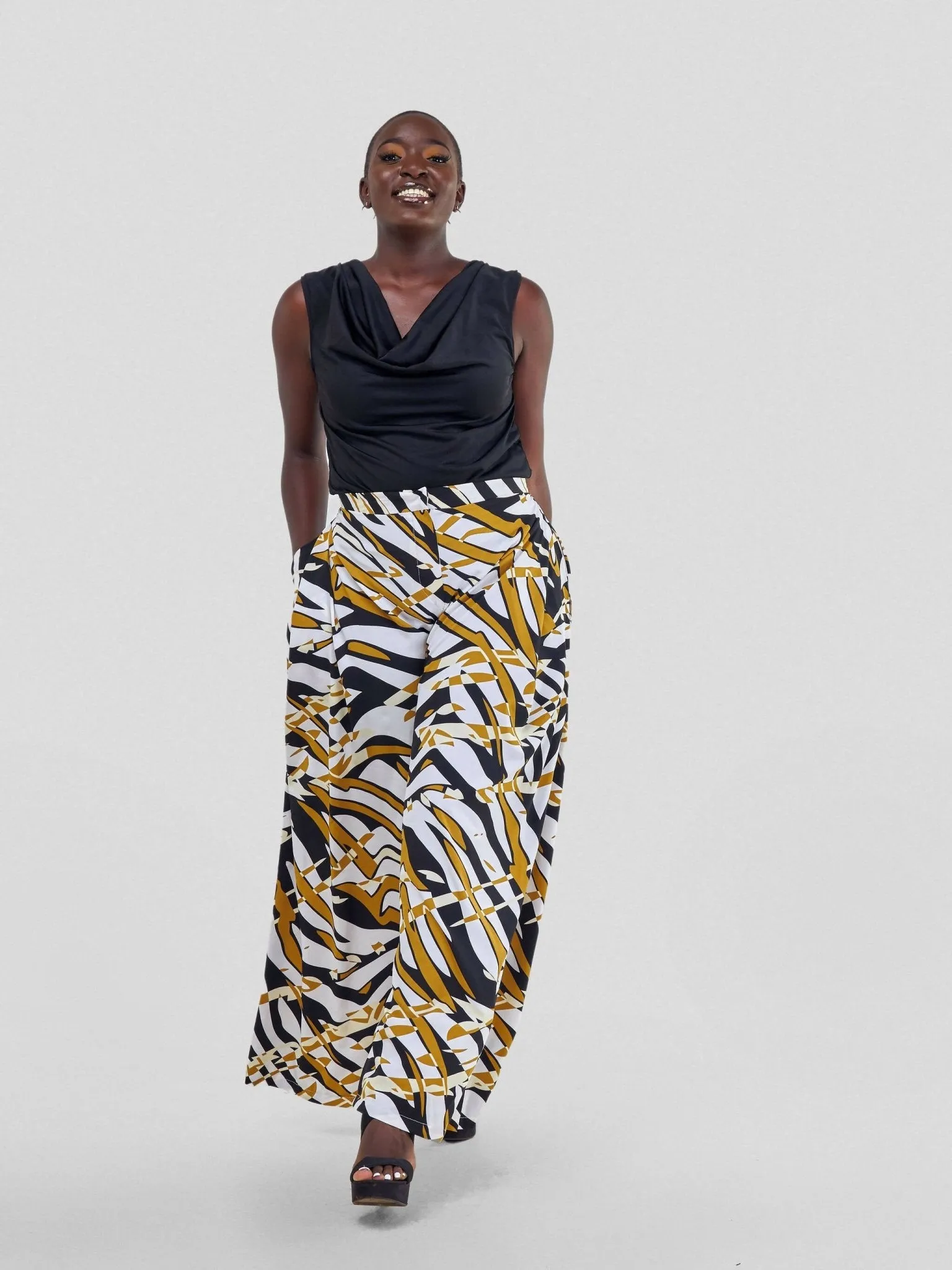 Curves BD Kipepeo Wide Leg Pants - Black / Mustard Print