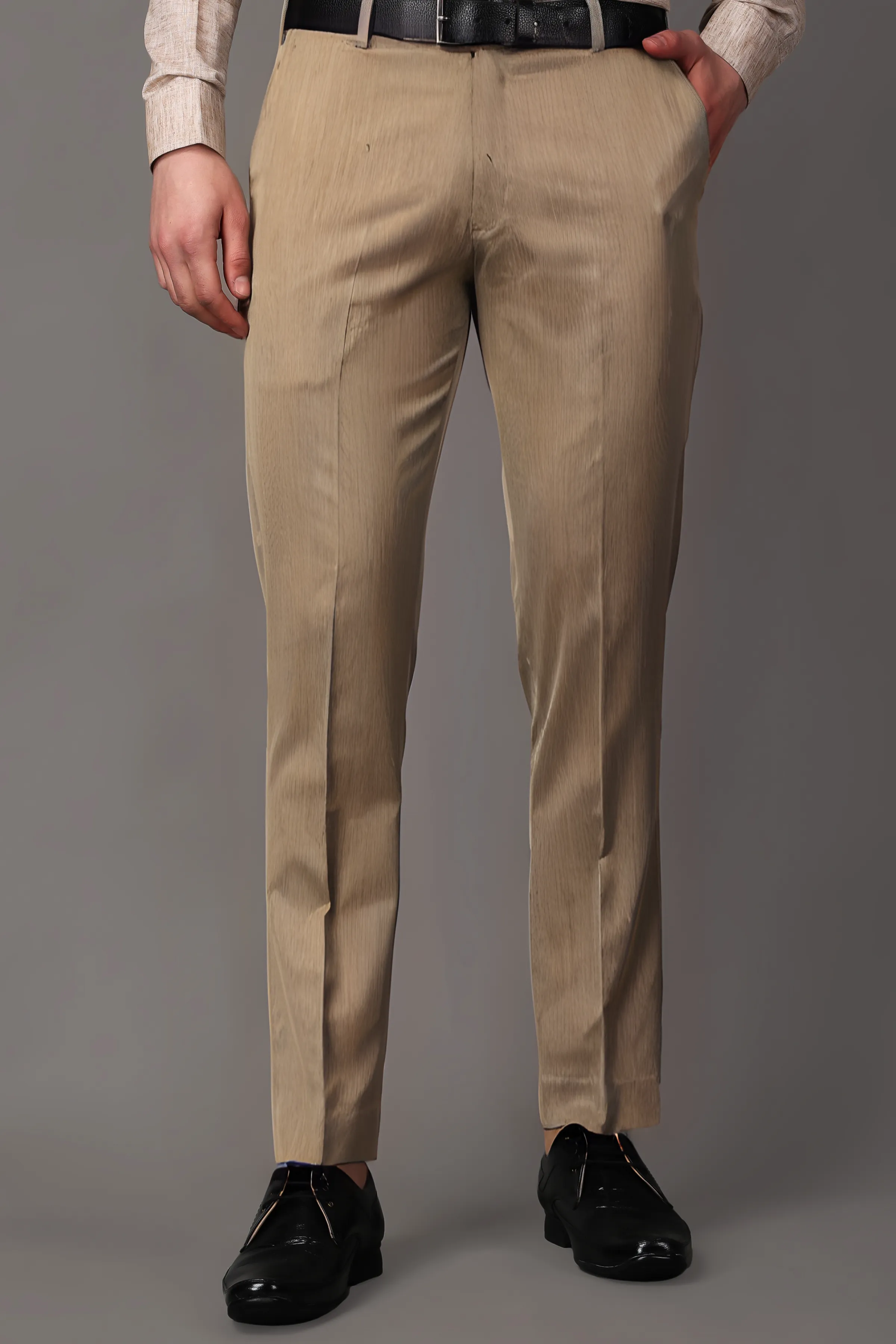 Dark Khakhi Textured Formal Trousers