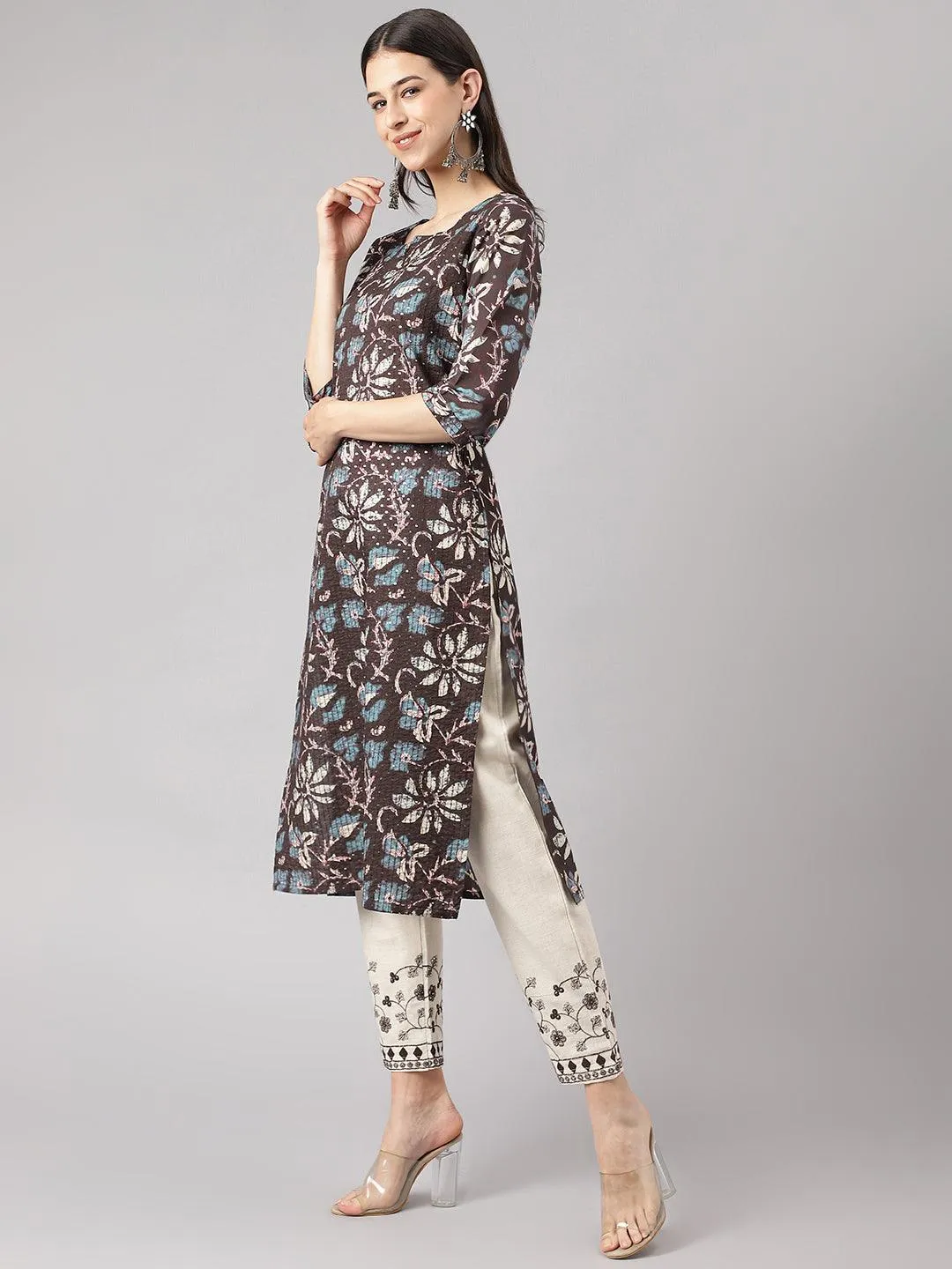 Divena Black Floral Cotton Kurta pant Set with Dupatta