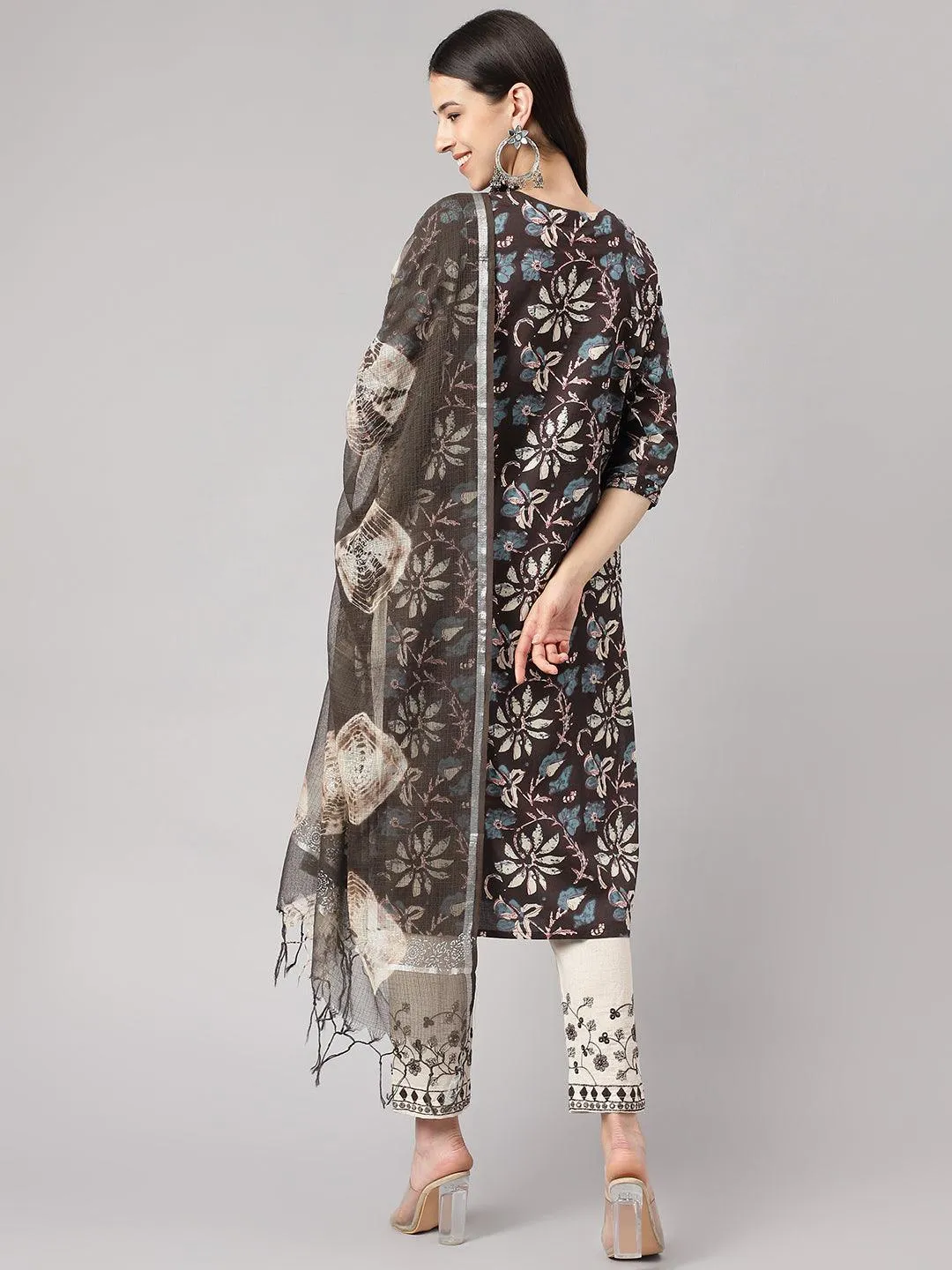 Divena Black Floral Cotton Kurta pant Set with Dupatta