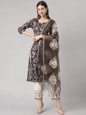 Divena Black Floral Cotton Kurta pant Set with Dupatta