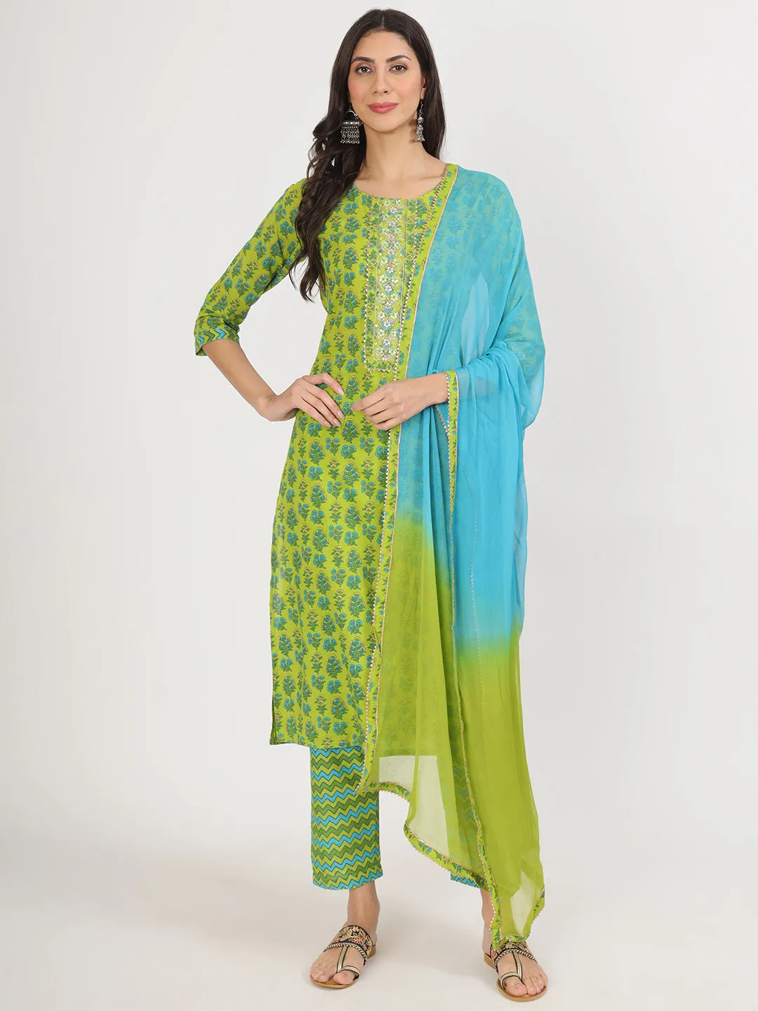 Divena Green Floral Print Cotton Kurta Pants with Dupatta set for women