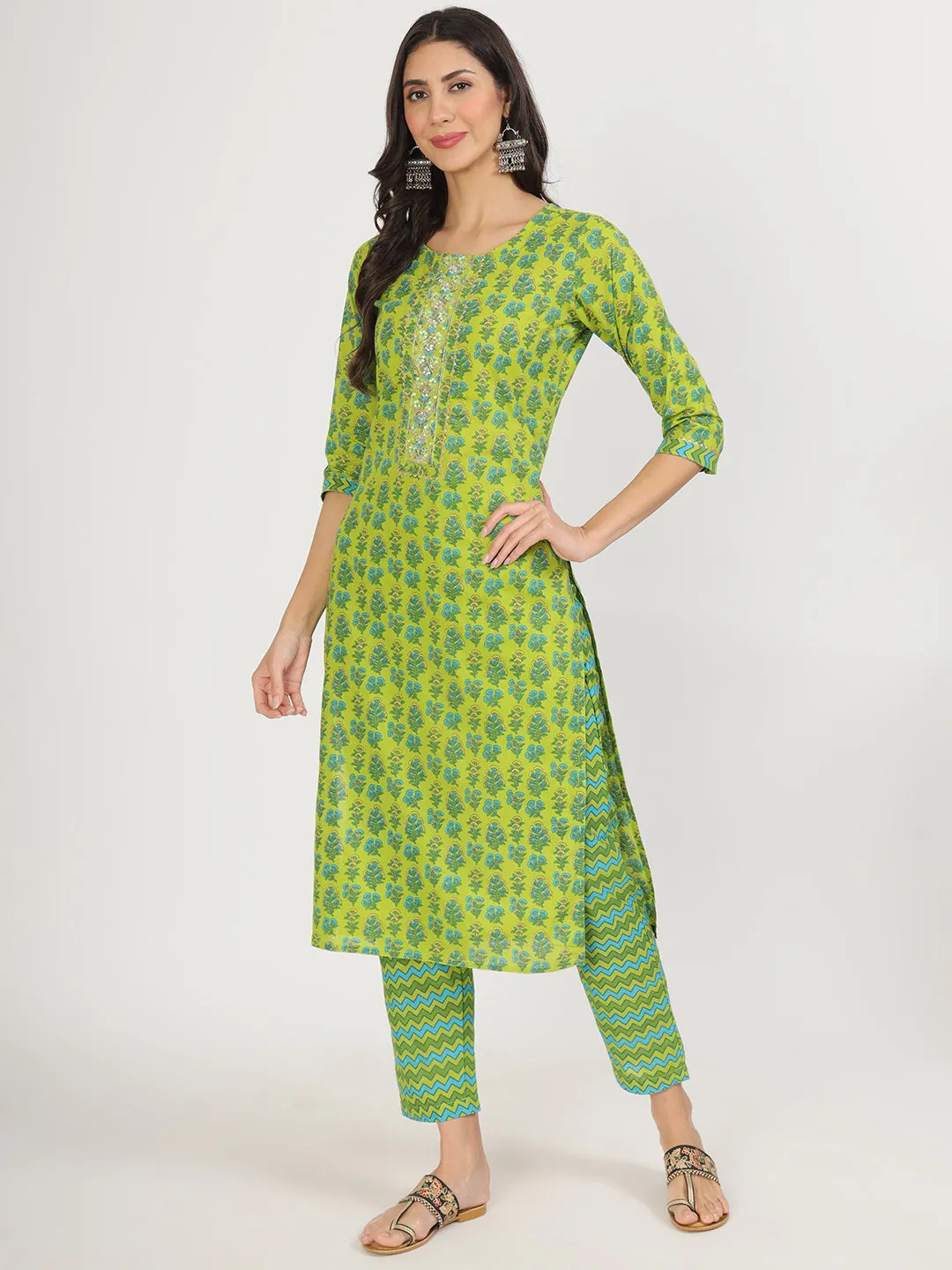 Divena Green Floral Print Cotton Kurta Pants with Dupatta set for women