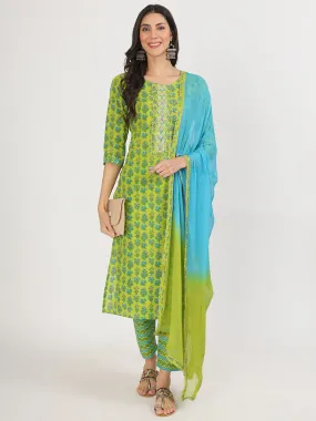 Divena Green Floral Print Cotton Kurta Pants with Dupatta set for women