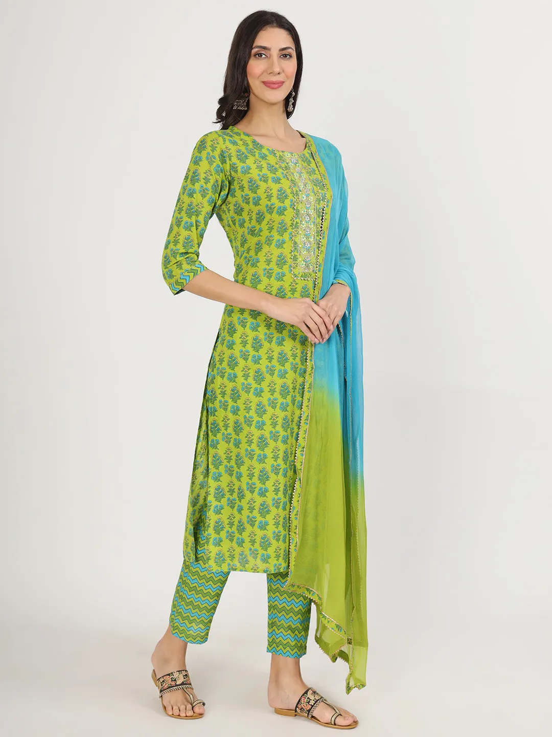 Divena Green Floral Print Cotton Kurta Pants with Dupatta set for women