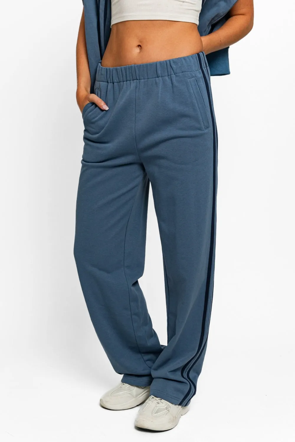 Dusty Blue High Waisted Side Stripes Straight Track Sweatpants