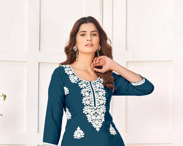 Embroidery Party wear Blue Women's Chikankari Kurti Palazzo Suit