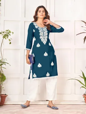 Embroidery Party wear Blue Women's Chikankari Kurti Palazzo Suit