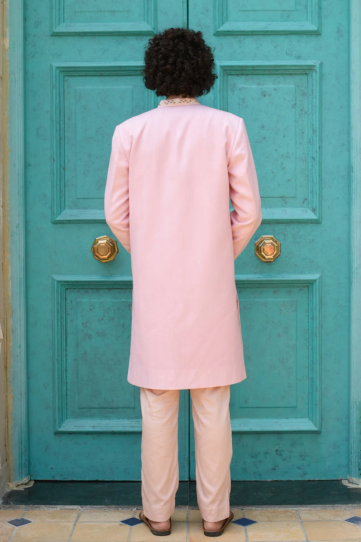 FARROKH-  Embroidered Pink Achkan Paired with Matching Kurta  &  Trouser set