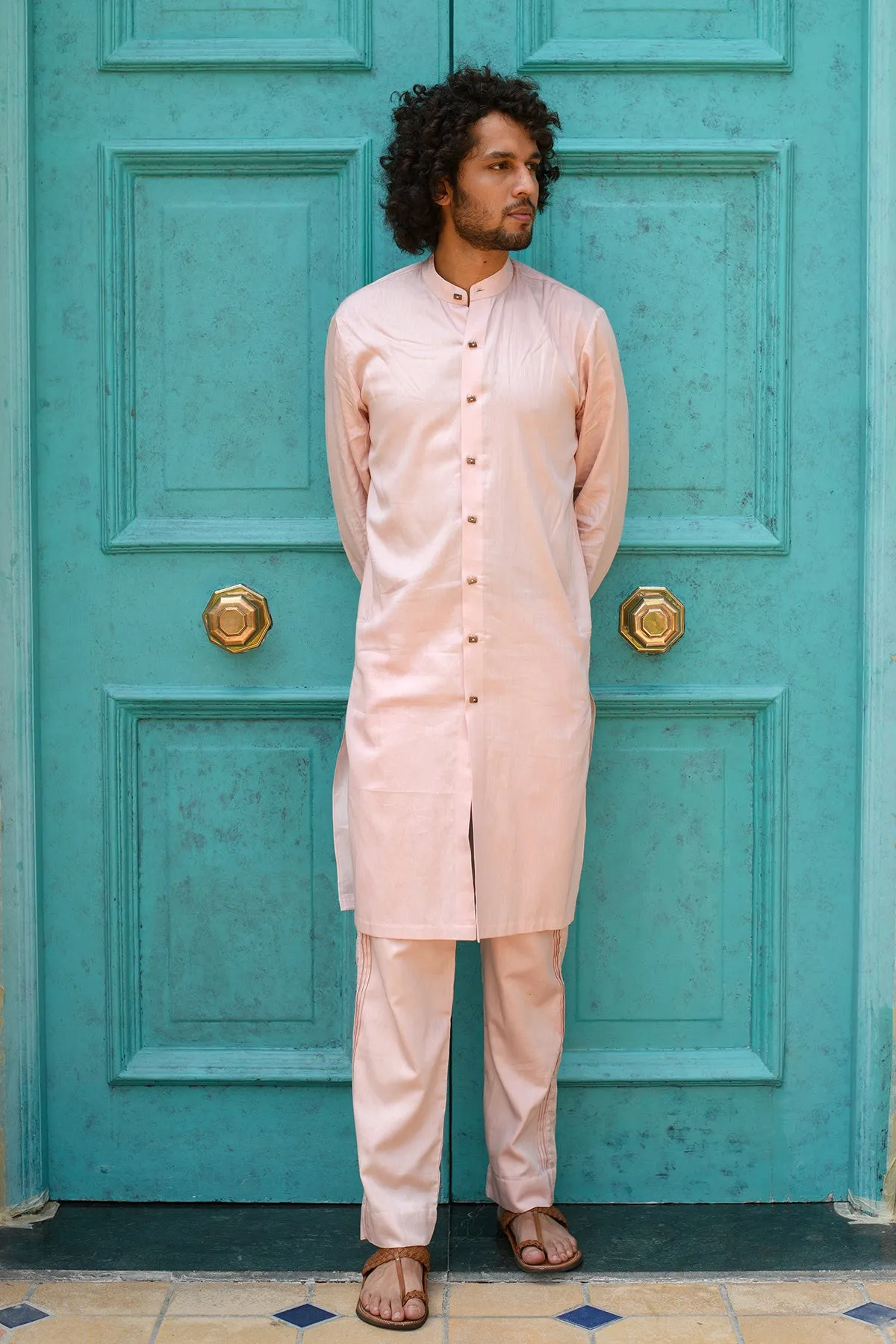 FARROKH-  Embroidered Pink Achkan Paired with Matching Kurta  &  Trouser set