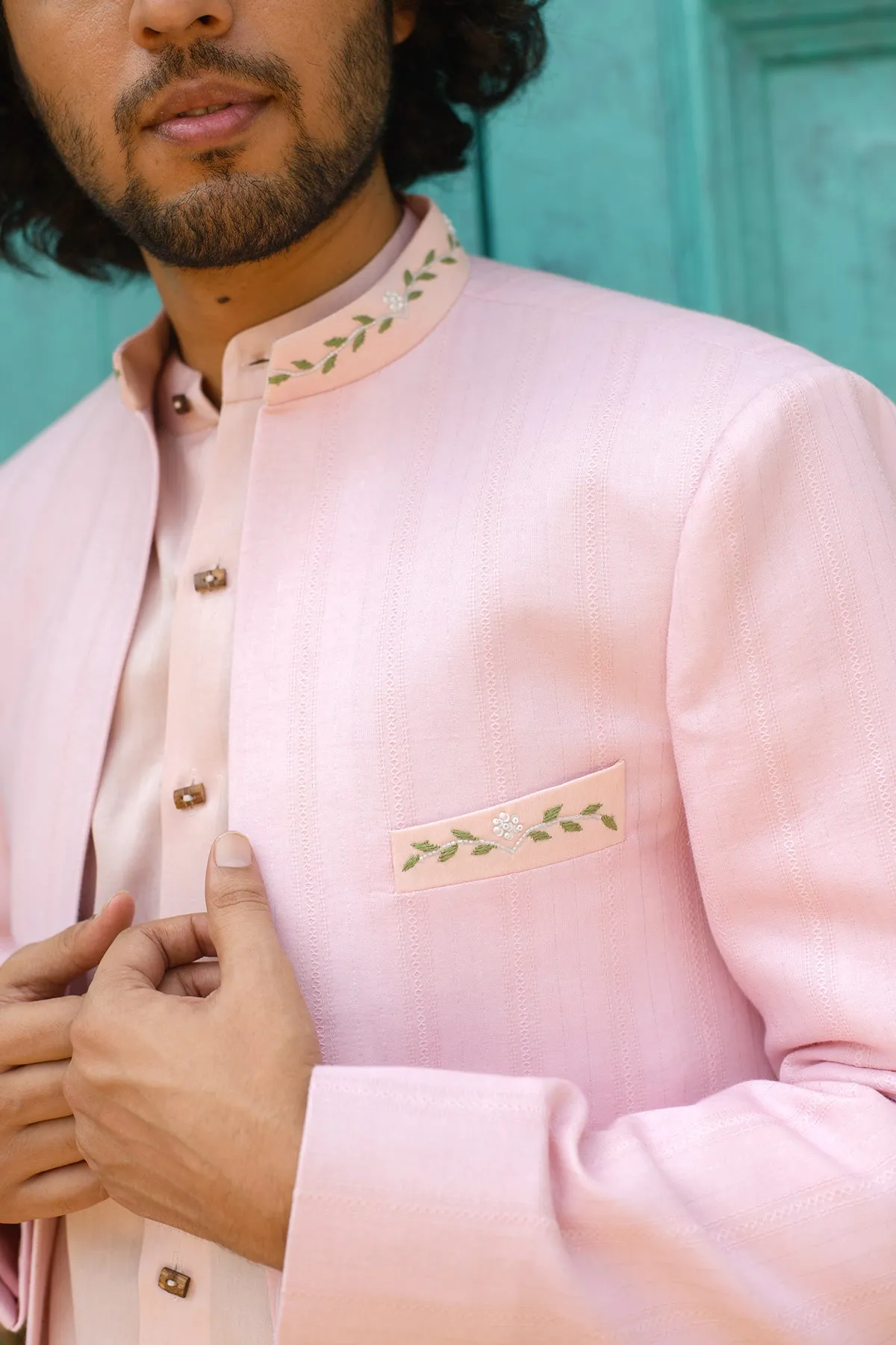 FARROKH-  Embroidered Pink Achkan Paired with Matching Kurta  &  Trouser set