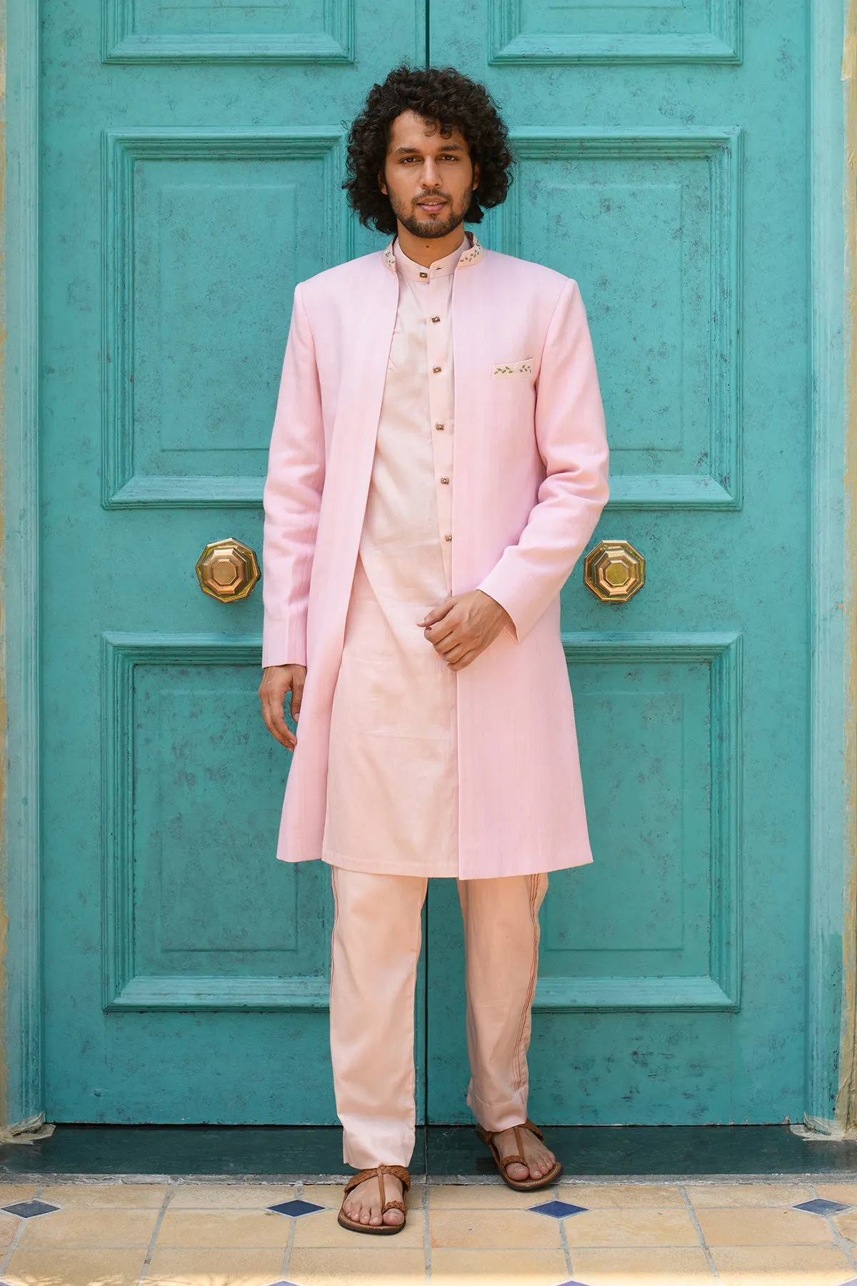 FARROKH-  Embroidered Pink Achkan Paired with Matching Kurta  &  Trouser set