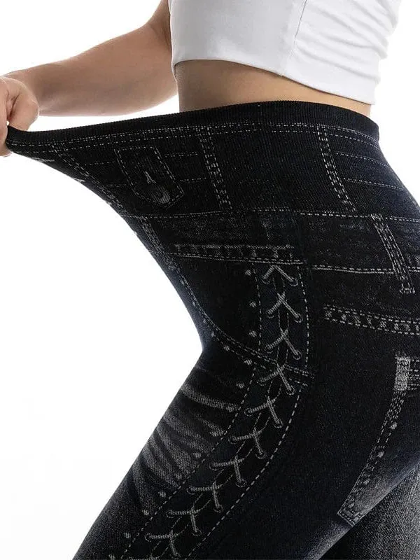 Faux Denim Stretchy High Waist Tights Pants for Women