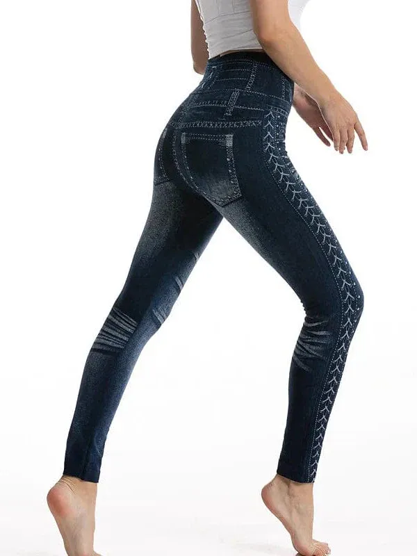 Faux Denim Stretchy High Waist Tights Pants for Women