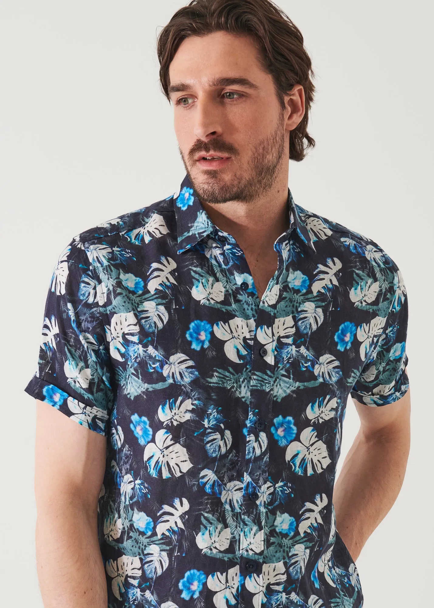 FLORAL TROPICAL PRINT LINEN SHIRT