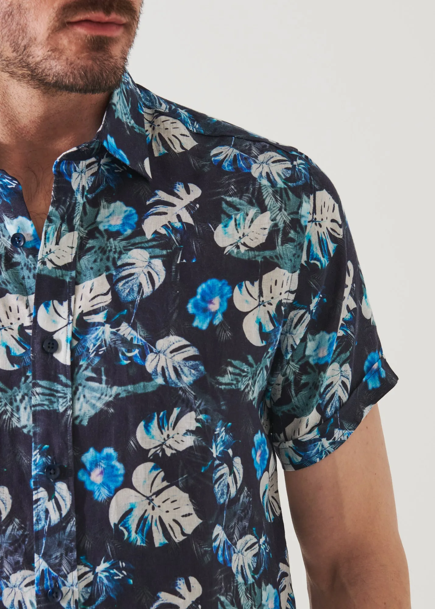 FLORAL TROPICAL PRINT LINEN SHIRT