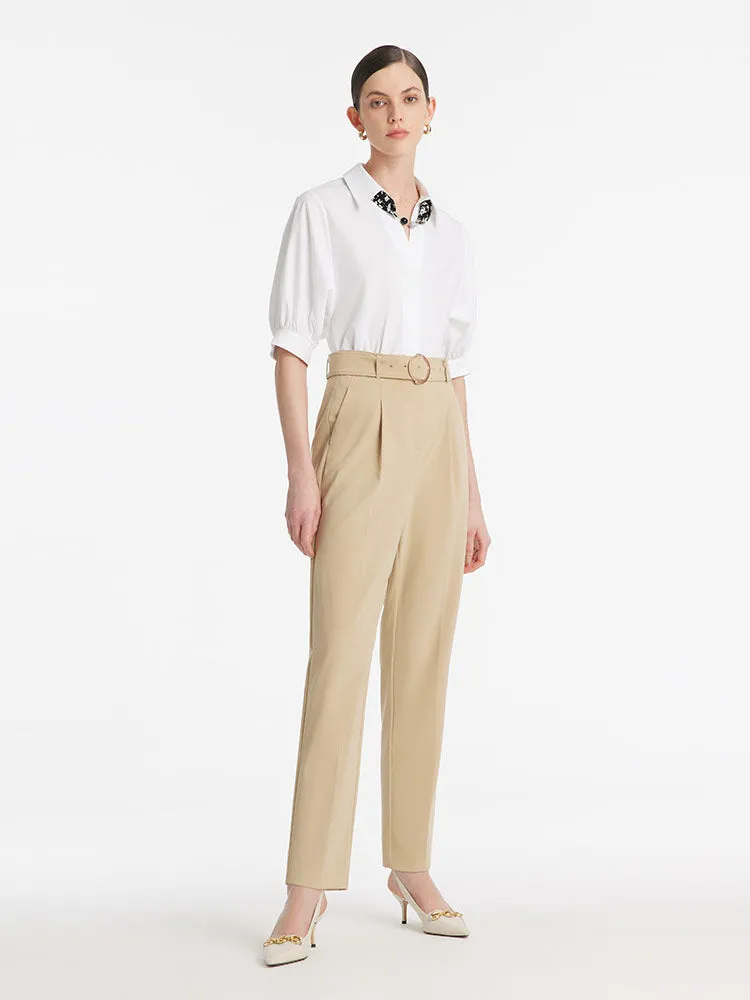 High-Waisted Ruched Tapered Women Pants With Belt