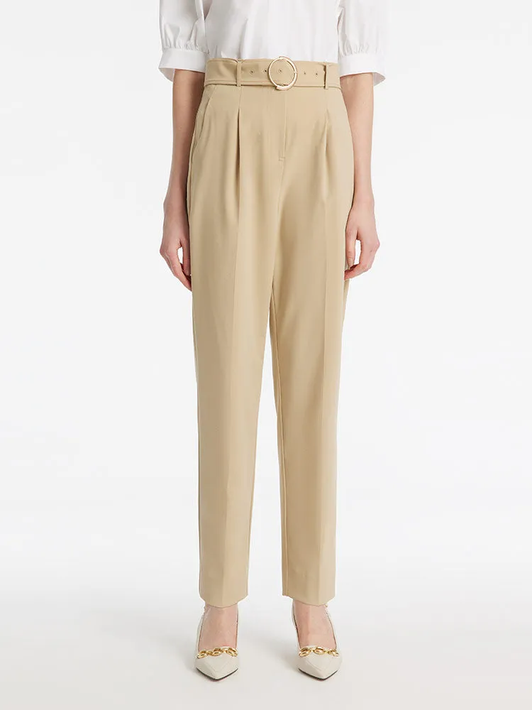 High-Waisted Ruched Tapered Women Pants With Belt