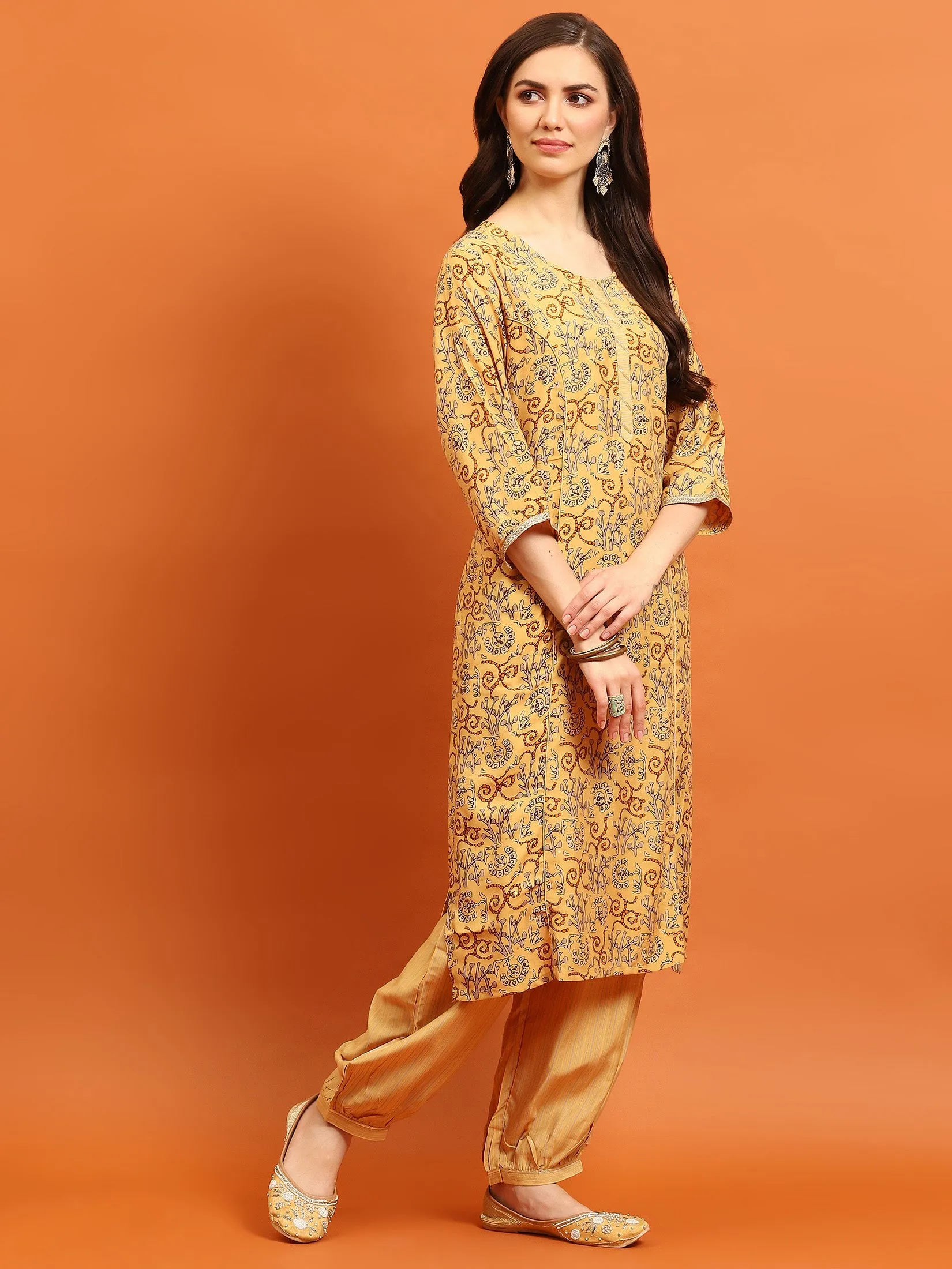 Indiessence Women Yellow Abstract Printed Kurta Harem Pant Dupatta