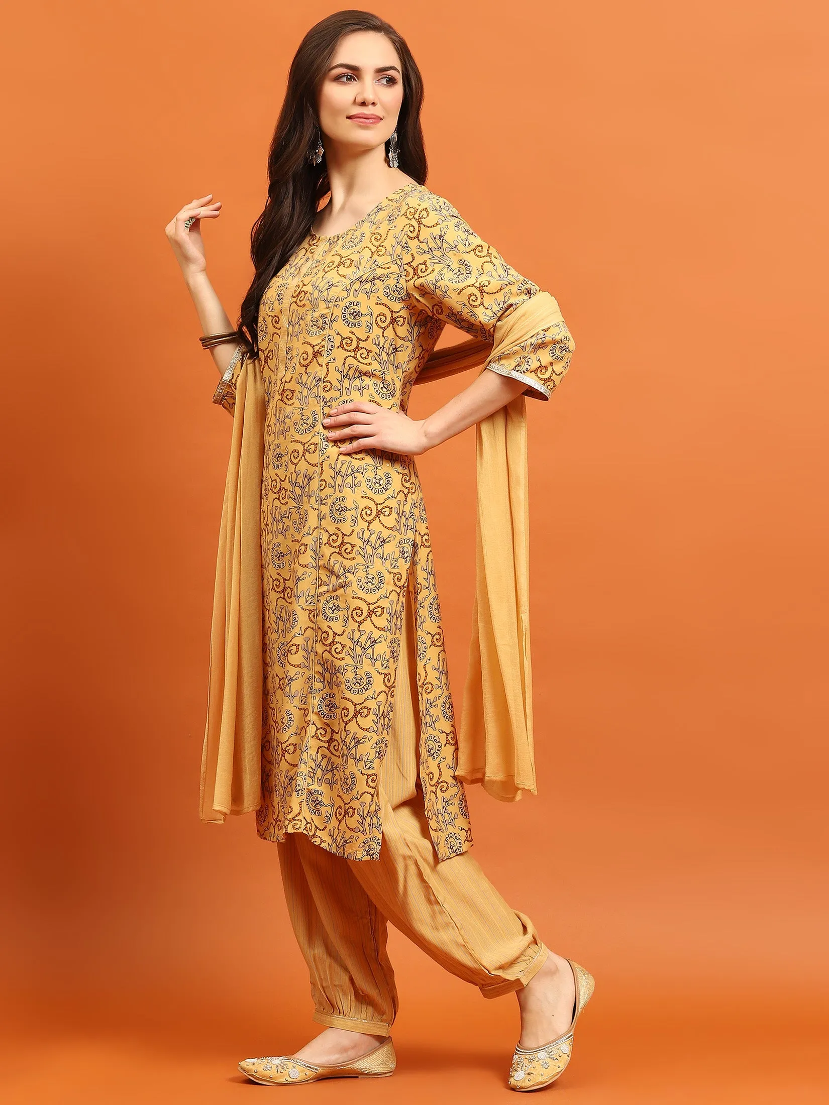 Indiessence Women Yellow Abstract Printed Kurta Harem Pant Dupatta