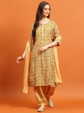 Indiessence Women Yellow Abstract Printed Kurta Harem Pant Dupatta