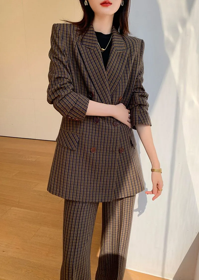 Julia Brown Plaid Blazer Wide Leg Pantsuit Set