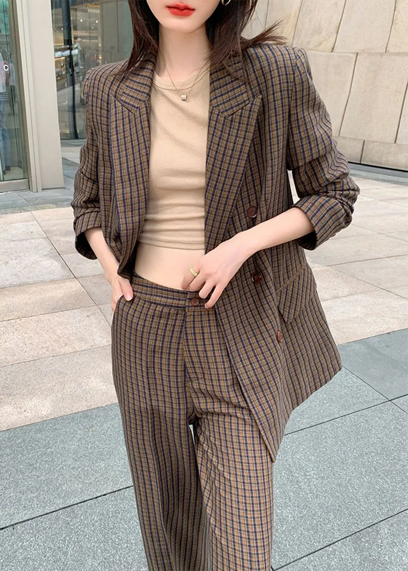 Julia Brown Plaid Blazer Wide Leg Pantsuit Set