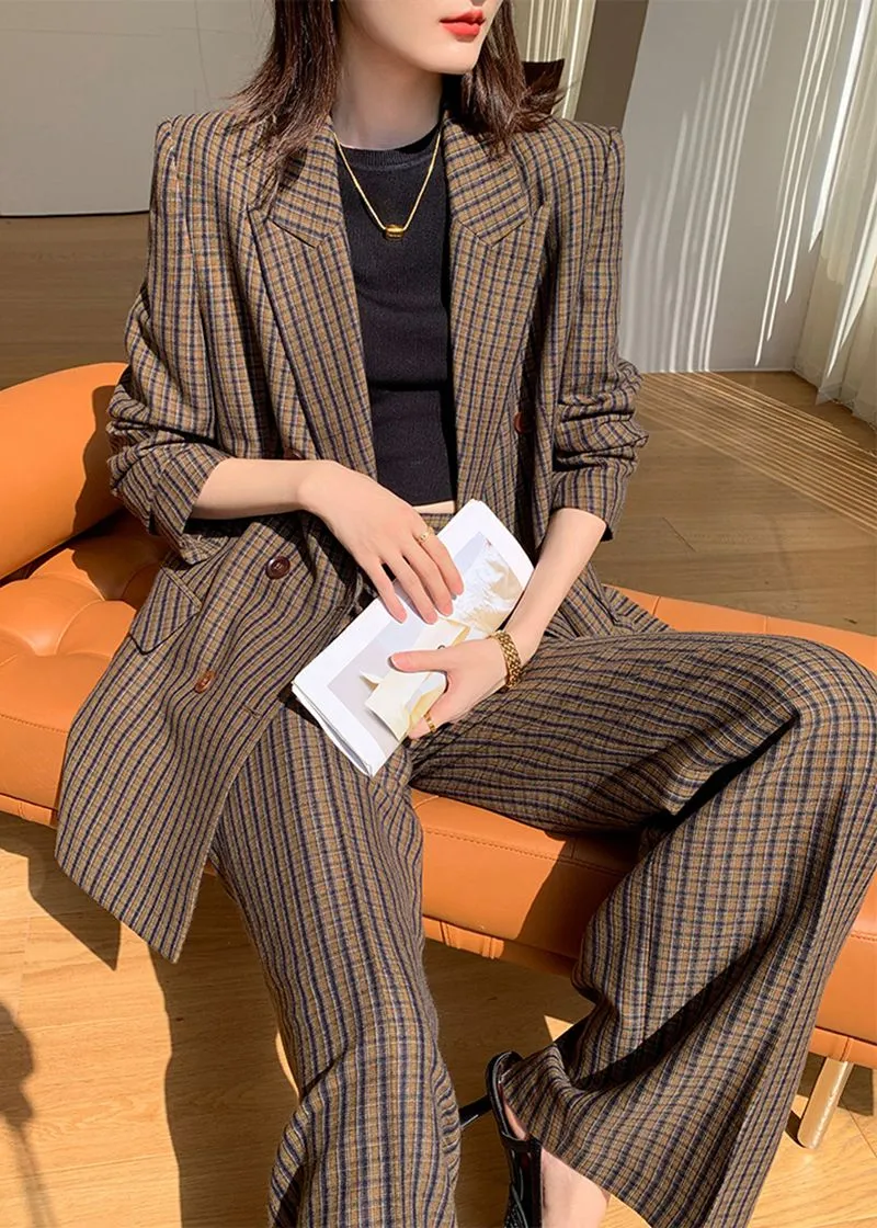 Julia Brown Plaid Blazer Wide Leg Pantsuit Set