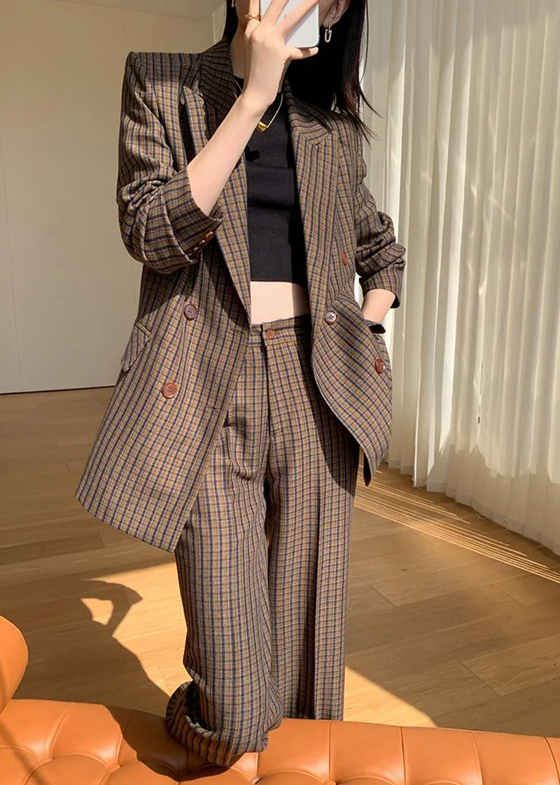 Julia Brown Plaid Blazer Wide Leg Pantsuit Set