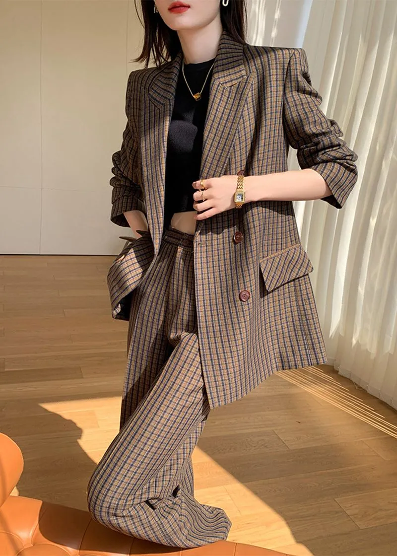 Julia Brown Plaid Blazer Wide Leg Pantsuit Set