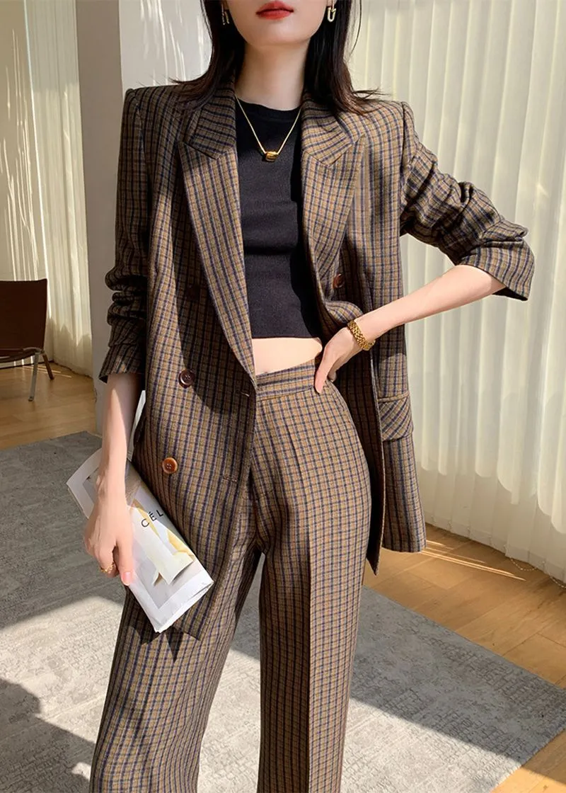 Julia Brown Plaid Blazer Wide Leg Pantsuit Set