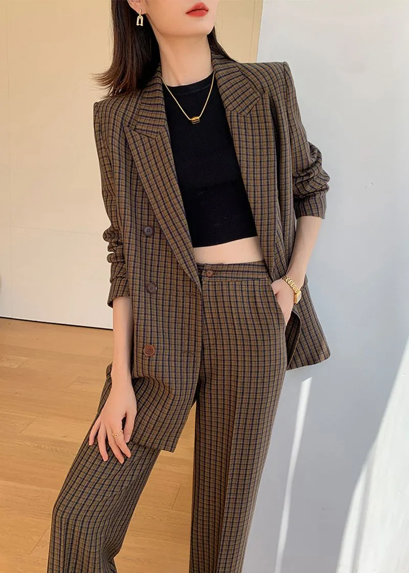 Julia Brown Plaid Blazer Wide Leg Pantsuit Set